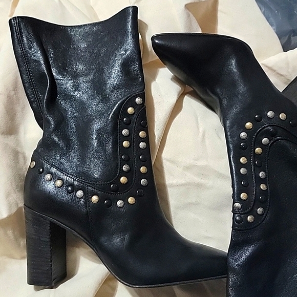 New Free People Studded Dakota Leather Boots Black Metallic Studs - Picture 2 of 9